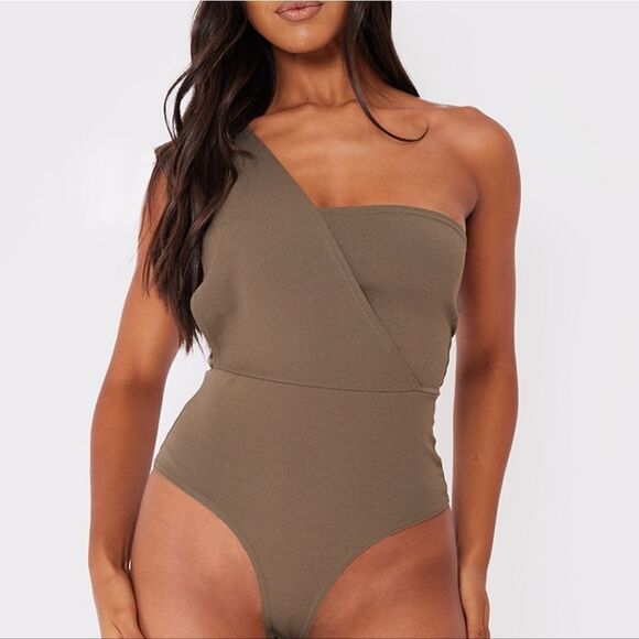 PrettyLittleThing Khaki One Shoulder Bodysuit Size 8 in dark Khaki NWT‎ - Picture 2 of 8
